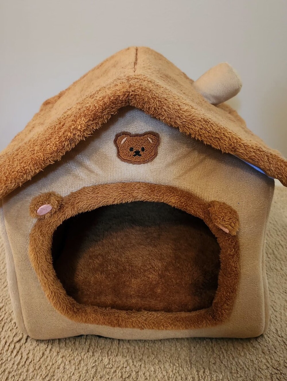 Plush Brown Small Pet House Bed with Bear Detail